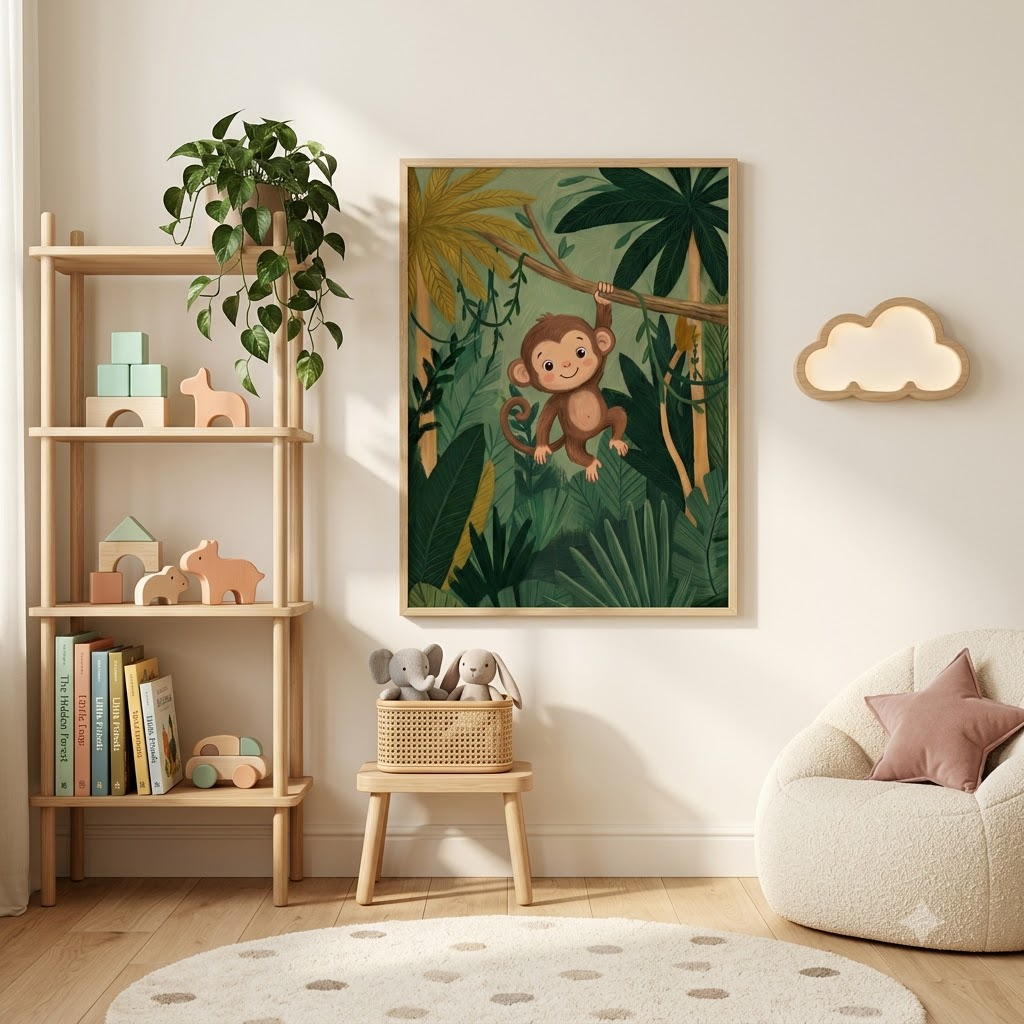 CHITRAPOTLI Joyful Monkey – Jungle Nursery Canvas Wall Art | Baby Monkey Kids Room