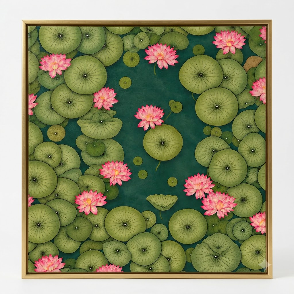 CHITRAPOTLI Padma Shanti Canvas Wall Art | Lotus Pond Botanical Painting Print |