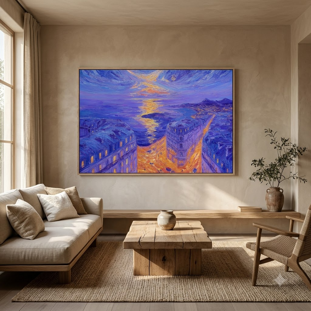 CHITRAPOTLI Twilight Reflections Canvas Wall Art | Impressionist Sunset Cityscape Painting
