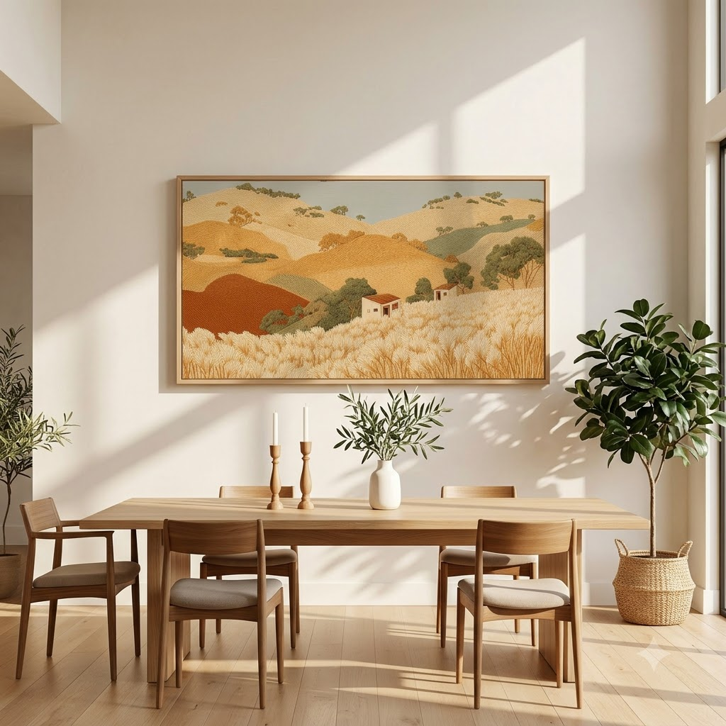 CHITRAPOTLI Golden Harvest Hills Canvas Wall Art | Panoramic Countryside Landscape Painting