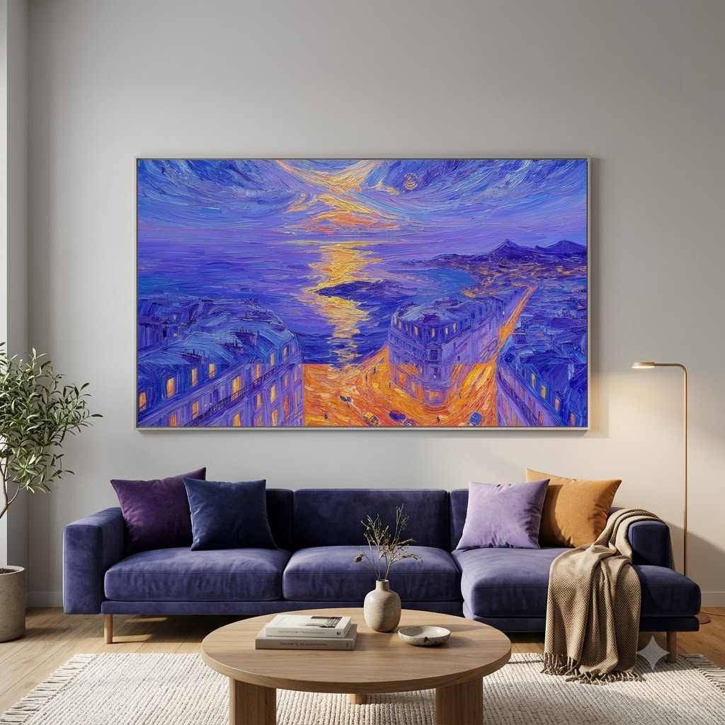 CHITRAPOTLI Twilight Reflections Canvas Wall Art | Impressionist Sunset Cityscape Painting