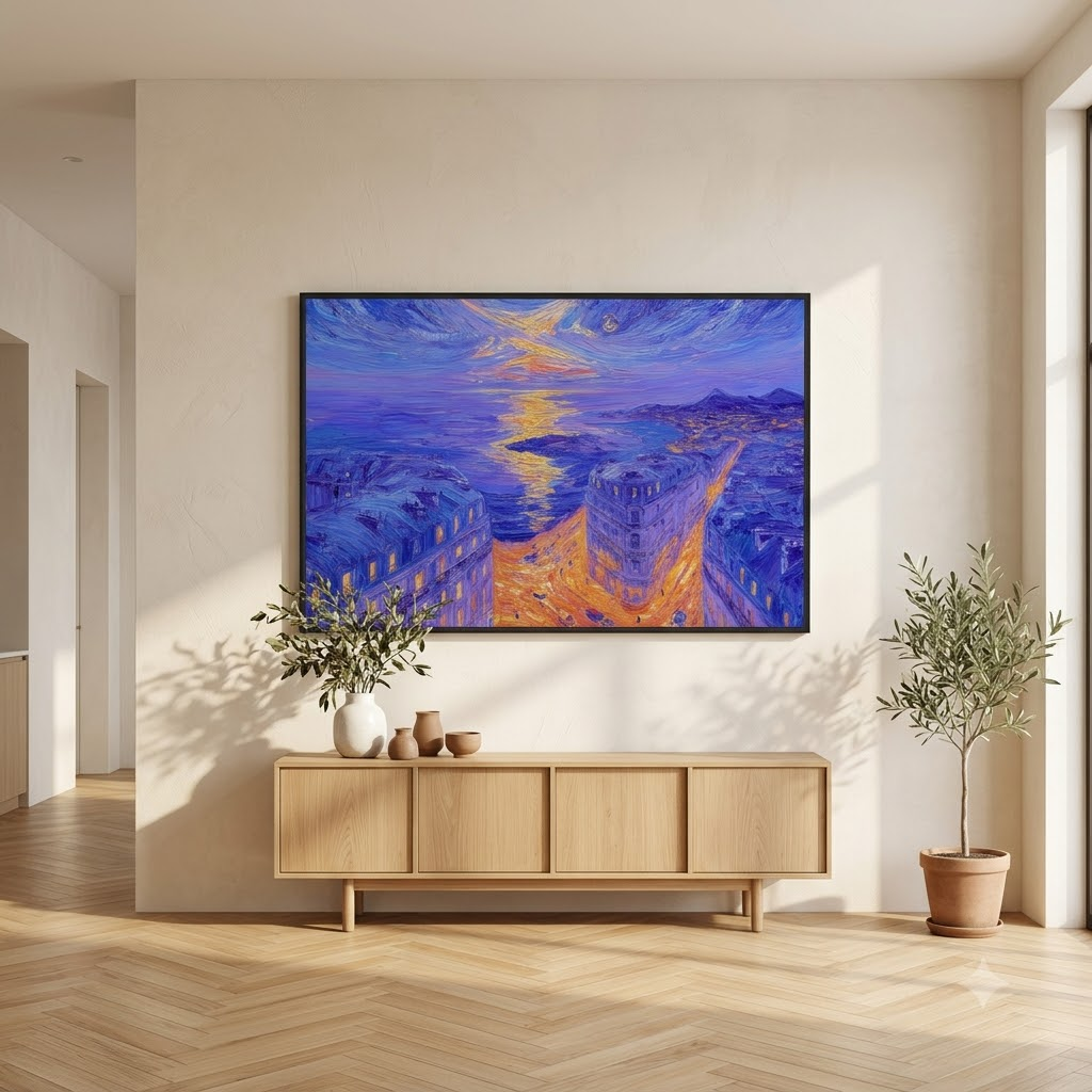 CHITRAPOTLI Twilight Reflections Canvas Wall Art | Impressionist Sunset Cityscape Painting