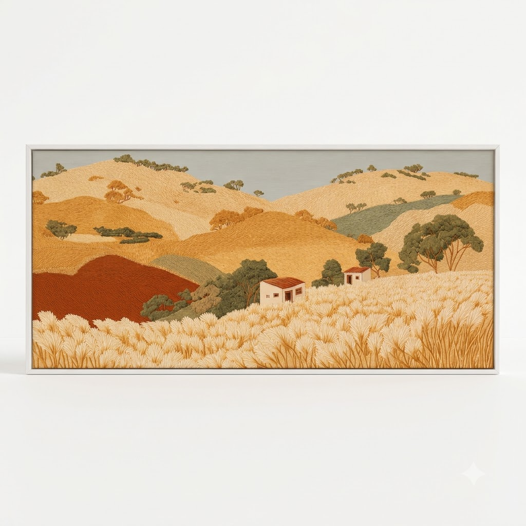 CHITRAPOTLI Golden Harvest Hills Canvas Wall Art | Panoramic Countryside Landscape Painting