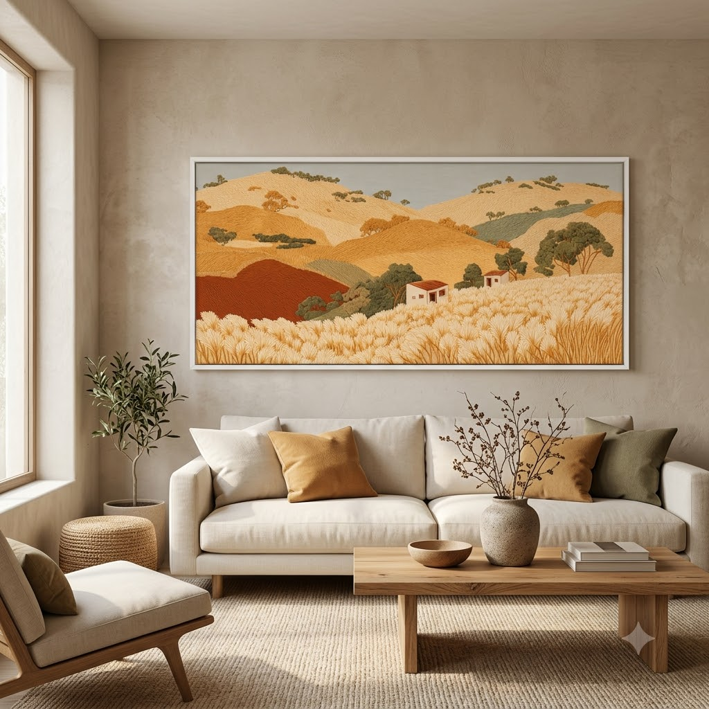 CHITRAPOTLI Golden Harvest Hills Canvas Wall Art | Panoramic Countryside Landscape Painting
