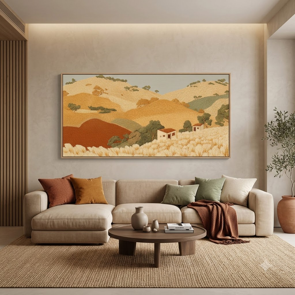 CHITRAPOTLI Golden Harvest Hills Canvas Wall Art | Panoramic Countryside Landscape Painting