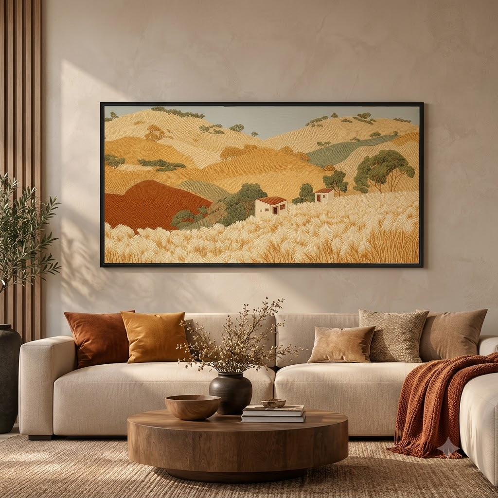 CHITRAPOTLI Golden Harvest Hills Canvas Wall Art | Panoramic Countryside Landscape Painting