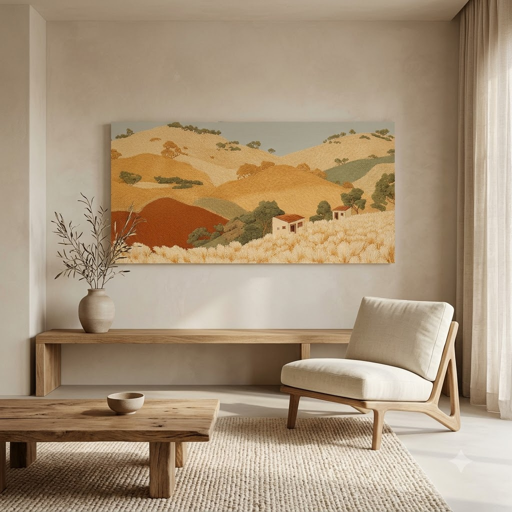 CHITRAPOTLI Golden Harvest Hills Canvas Wall Art | Panoramic Countryside Landscape Painting