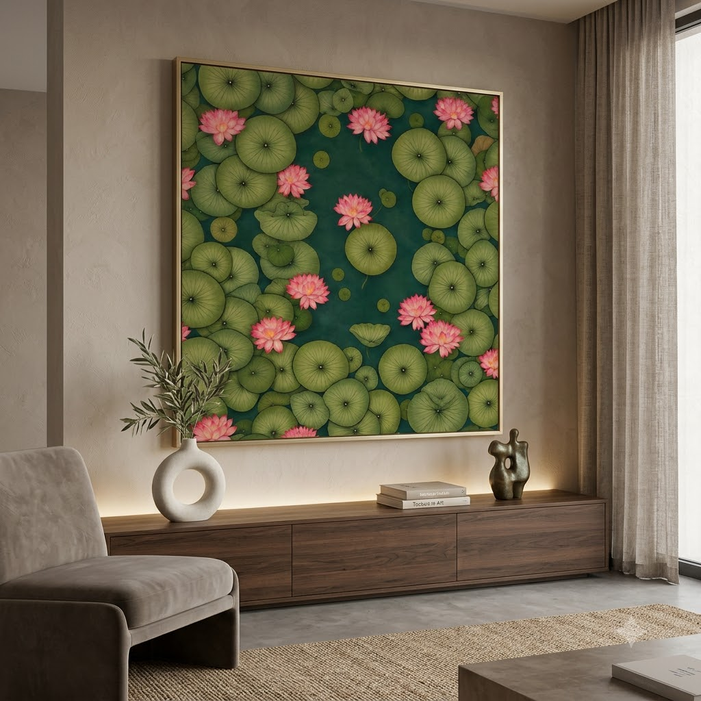 CHITRAPOTLI Padma Shanti Canvas Wall Art | Lotus Pond Botanical Painting Print |