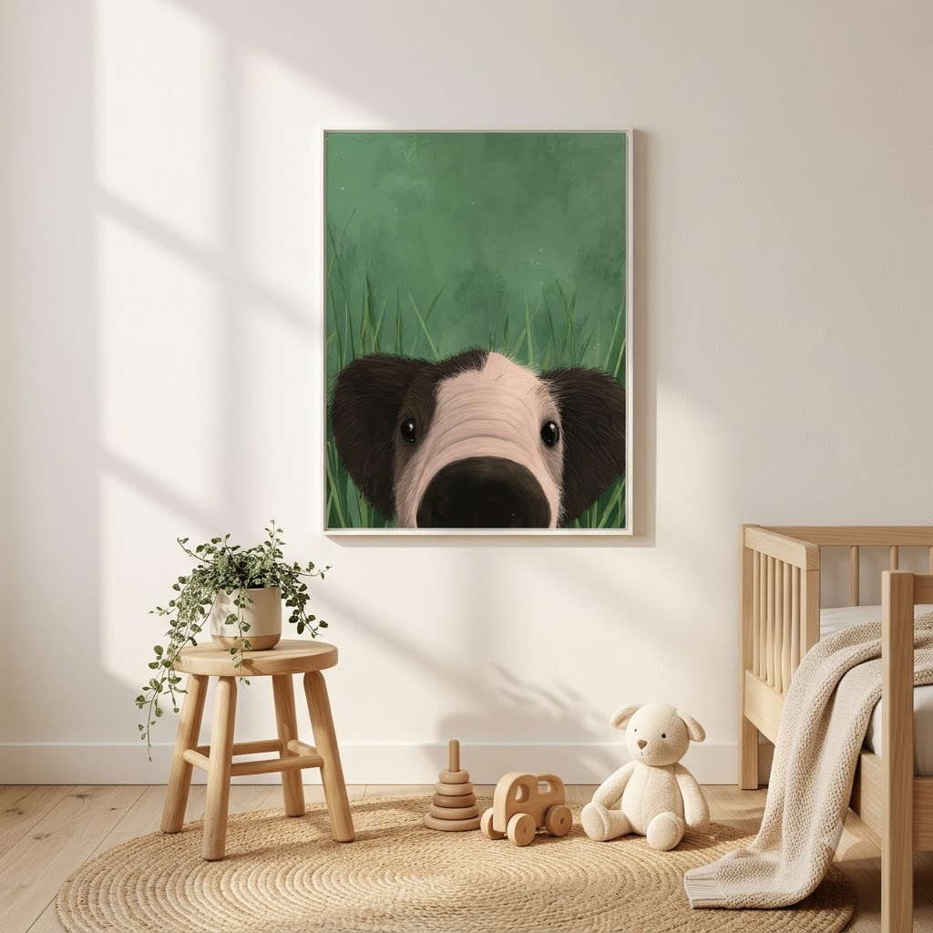 CHITRAPOTLI Curious Paws Canvas Wall Art | Peeking Puppy in Green Grass Animal Painting