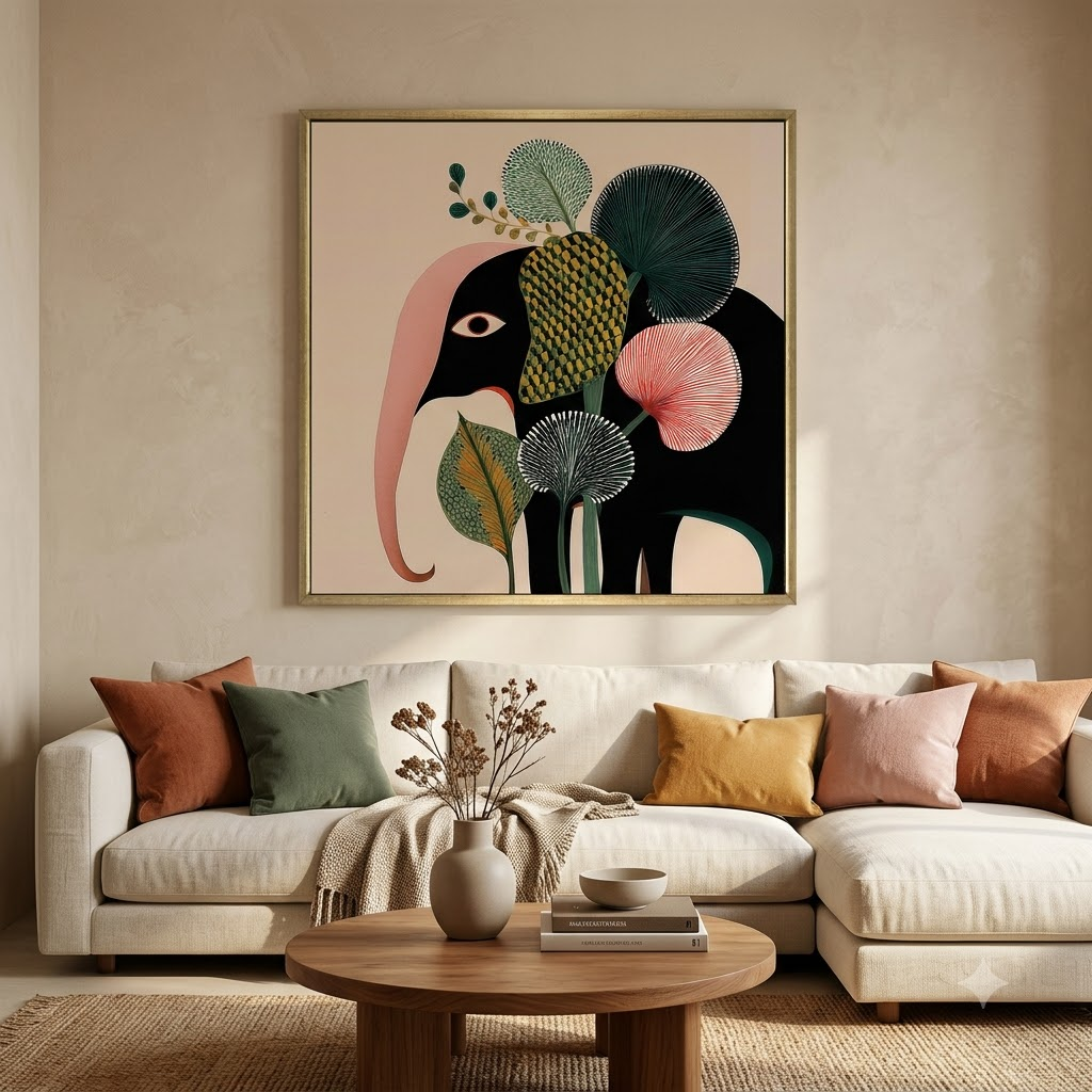 CHITRAPOTLI Botanical Muse Canvas Wall Art | Modern Elephant Botanical Illustration Square Painting
