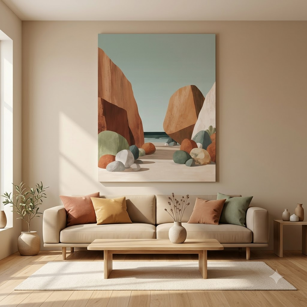 CHITRAPOTLI Silent Coast Canvas Wall Art | Minimalist Terracotta Rocks Beach Landscape Painting