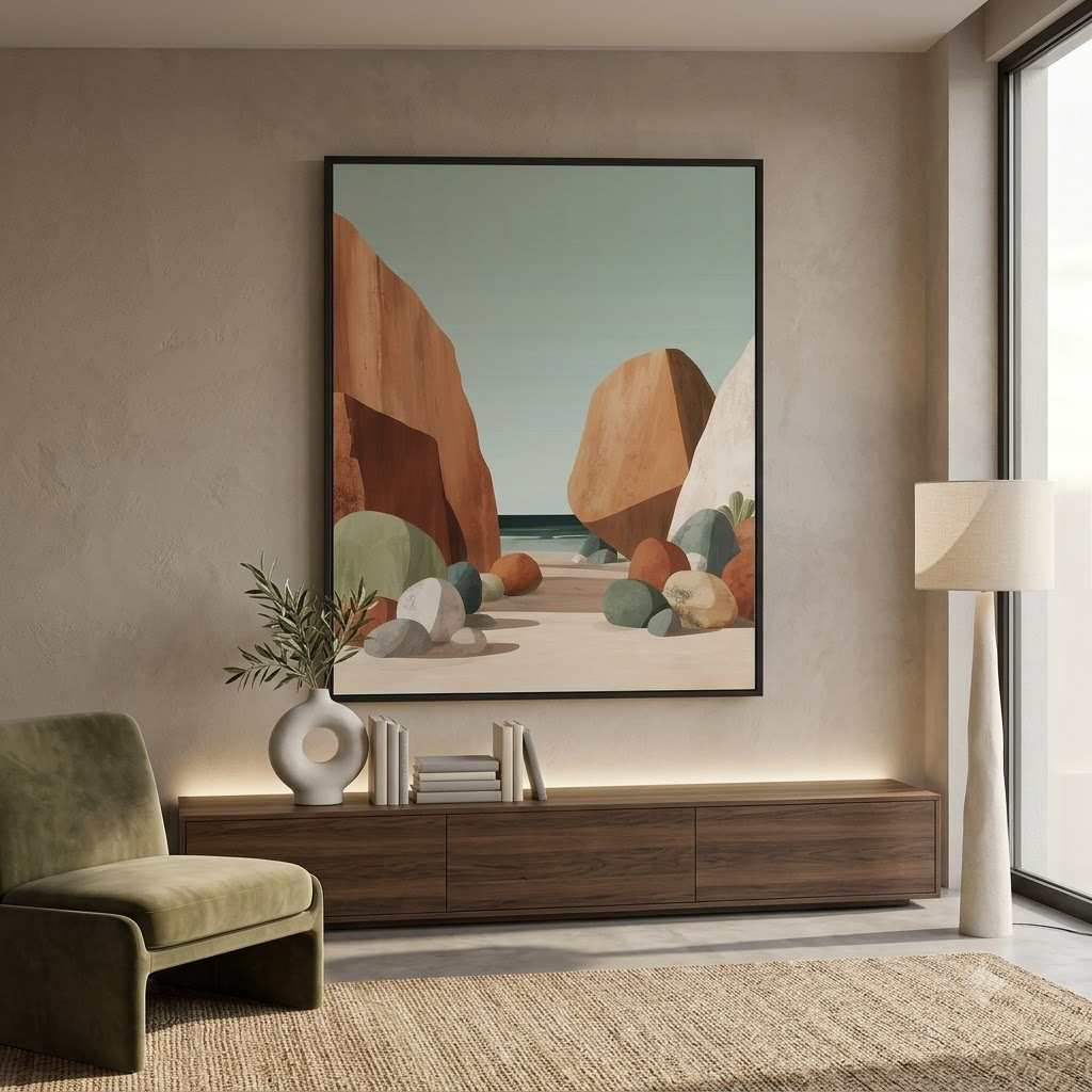 CHITRAPOTLI Silent Coast Canvas Wall Art | Minimalist Terracotta Rocks Beach Landscape Painting
