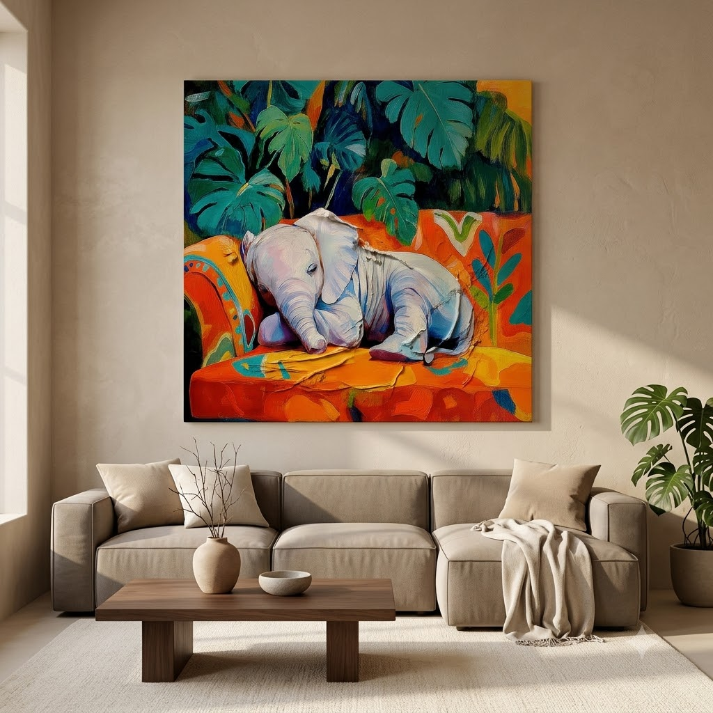 CHITRAPOTLI Jungle Dreamer Canvas Wall Art | Sleeping Baby Elephant Colorful Tropical Painting