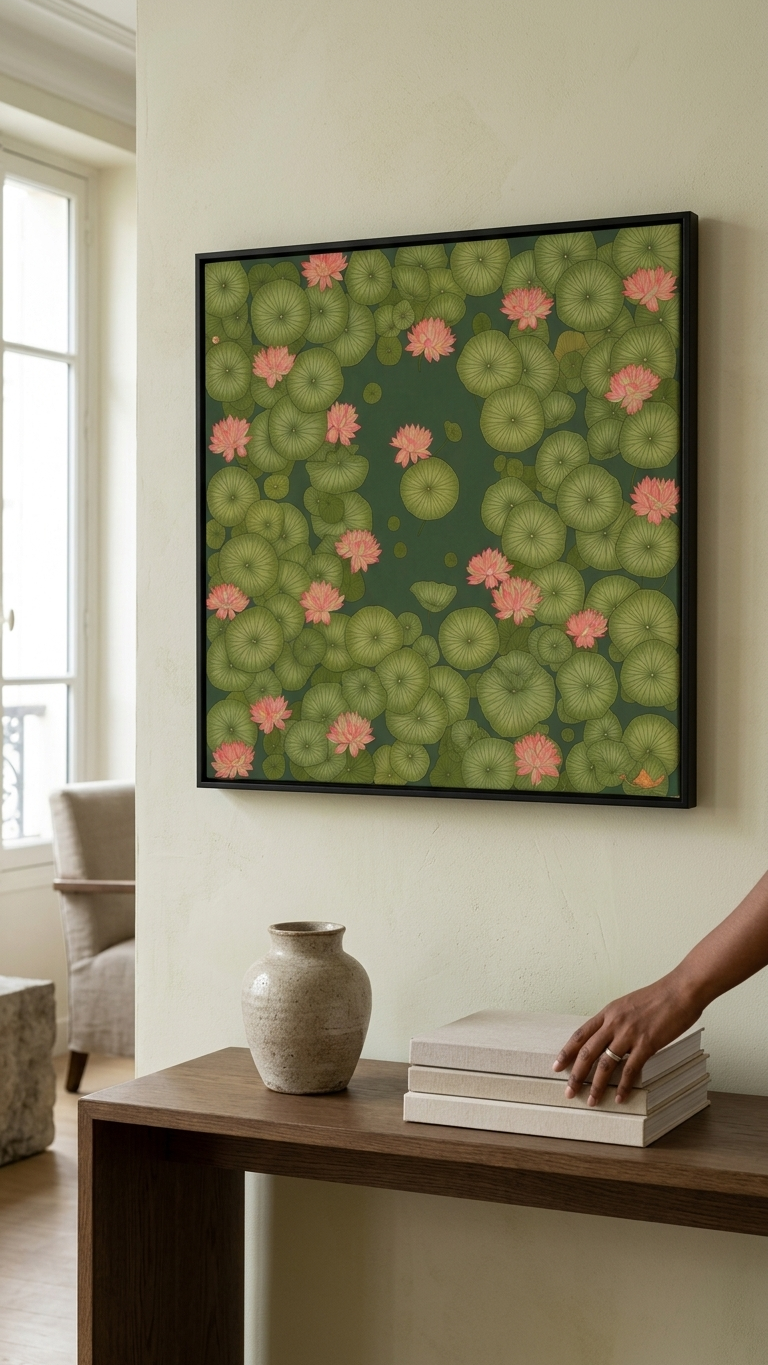 CHITRAPOTLI Padma Shanti Canvas Wall Art | Lotus Pond Botanical Painting Print |