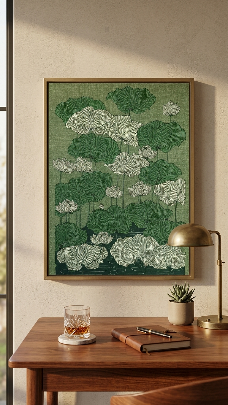 CHITRAPOTLI Verdant Lotus Canvas Wall Art | Botanical Lotus Pond Illustration Print |