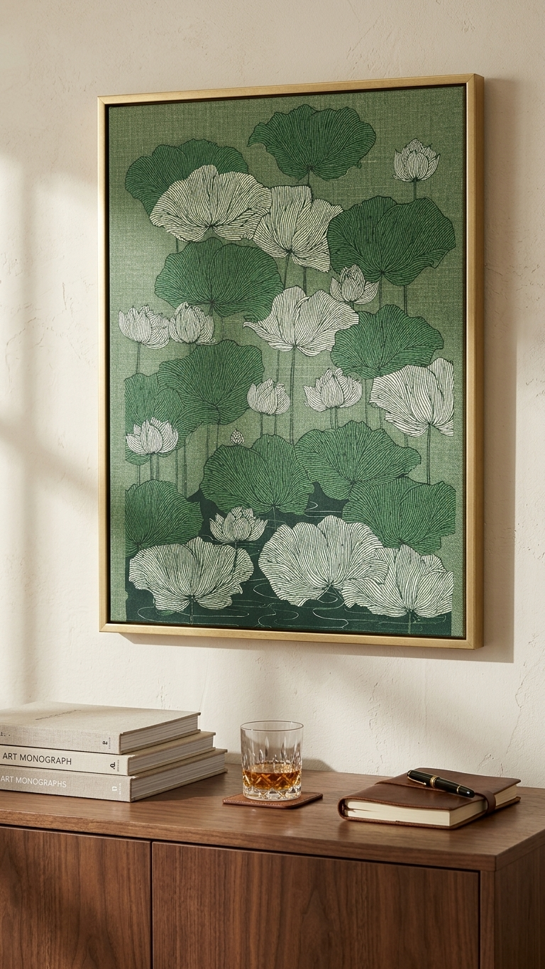 CHITRAPOTLI Verdant Lotus Canvas Wall Art | Botanical Lotus Pond Illustration Print |