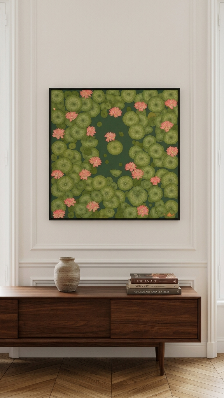 CHITRAPOTLI Padma Shanti Canvas Wall Art | Lotus Pond Botanical Painting Print |