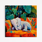 CHITRAPOTLI Jungle Dreamer Canvas Wall Art | Sleeping Baby Elephant Colorful Tropical Painting